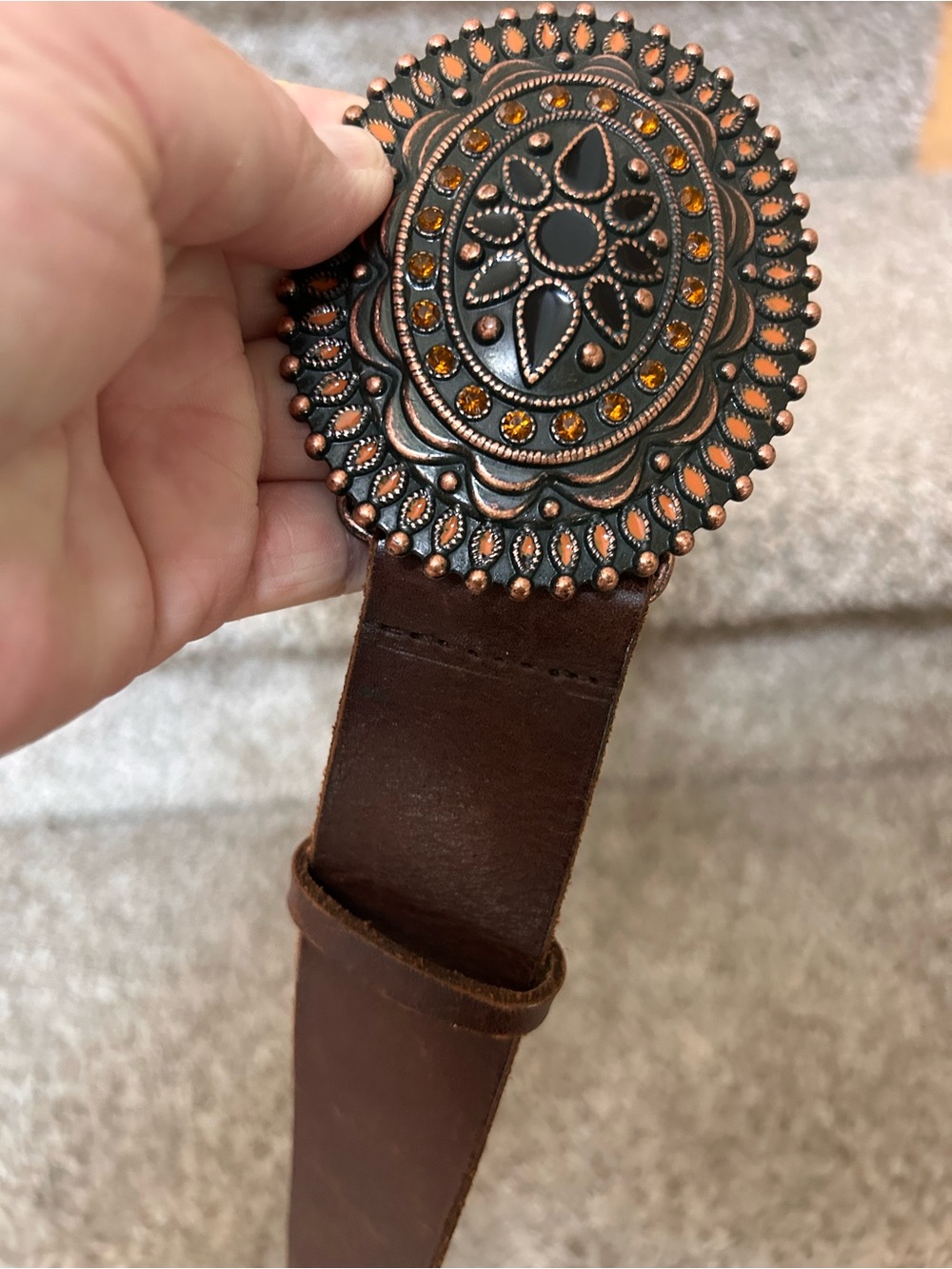 Brown leather belt w large copper colored medallion jeweled buckle. Western. - Picture 2 of 5